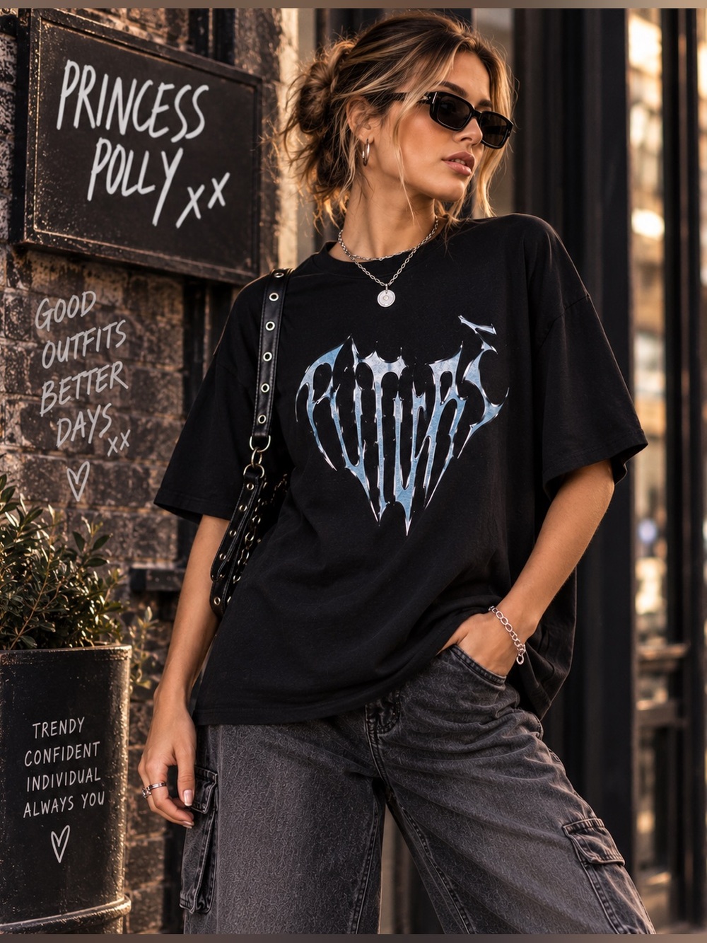 Princess Polly Oversized Gothic Metallic Graphic Y2K Grunge Black Tee,Size XS/S
